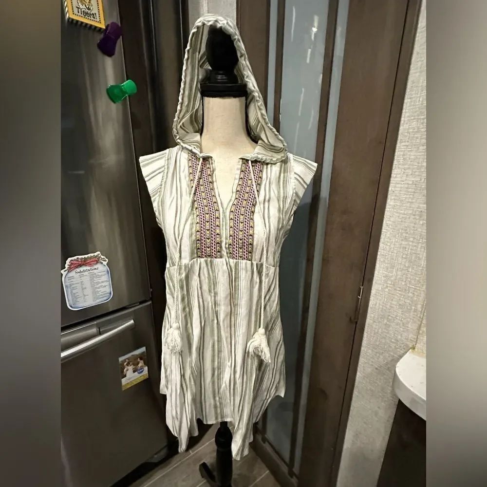 Easel Striped Hooded Tunic with Embroidered Detail
